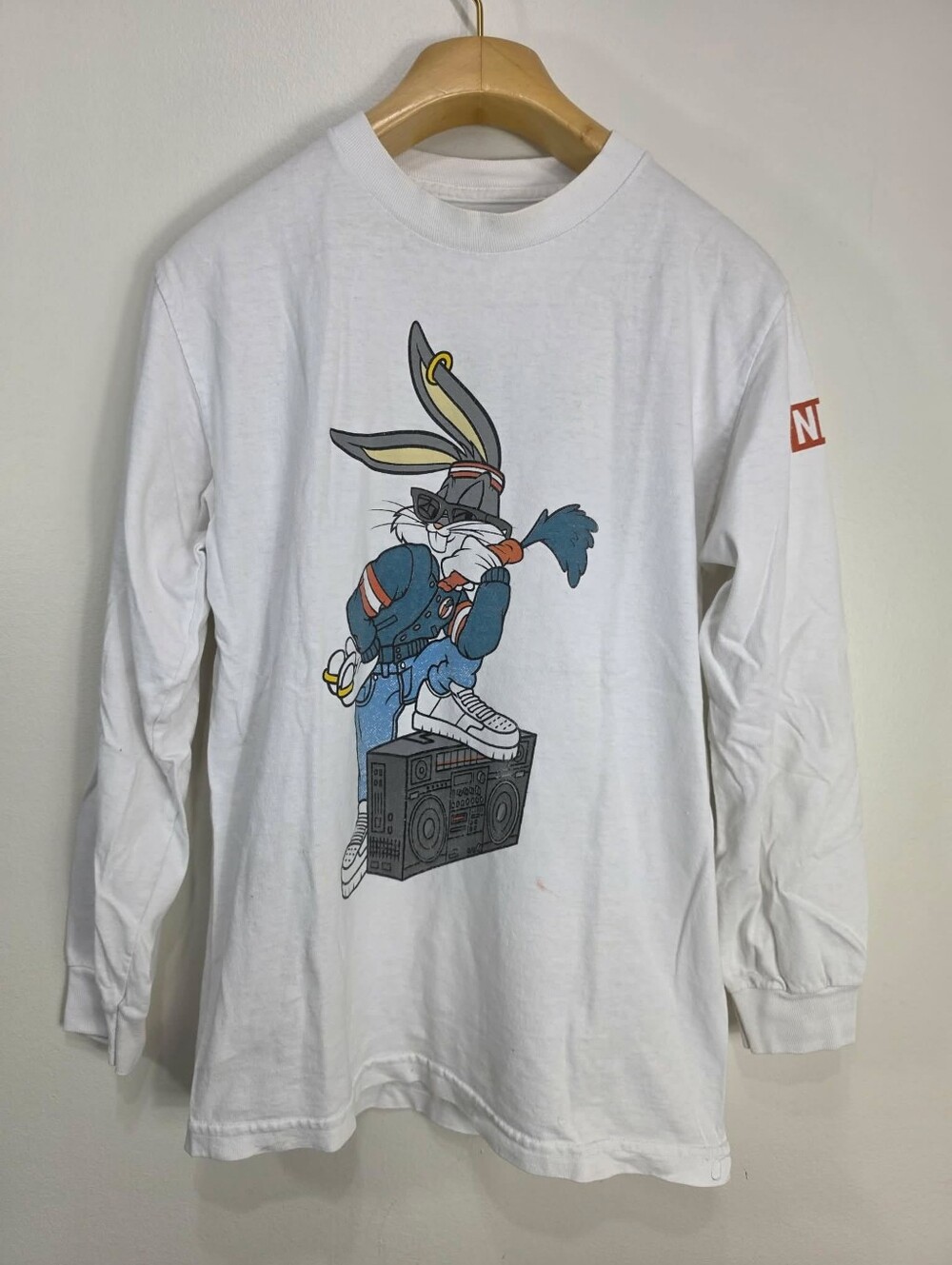 Neff White Long-Sleeve Tee with Cartoon Bunny Boombox Graphic